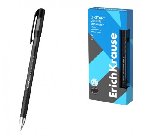 ErichKrause G-Star Stick and Grip Original Boligrafo con Capuchon - Punta de 0.5mm - Trazo 0.4mm - Tinta de Gel - Resistente al Agua - Zona de Agarre de Goma - Secado Rapido - Color Negro (12 uds)