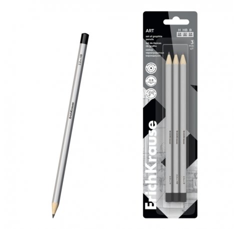 ErichKrause Art Pack de 3 Lapices de Grafito - Durezas Surtidas H, HB y B - Cuerpo Hexagonal - Mina Resistente - Color Plata