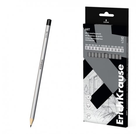 ErichKrause Art Pack de 12 Lapices de Grafito - Durezas Surtidas 5H-5B - Cuerpo Hexagonal - Pegado Completo de la Mina - Agarre Ergonomico - Color Plata