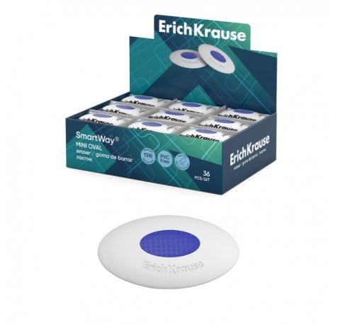 ErichKrause SmartWay Mini Oval Expositor con 36 Gomas de Borrar - Caucho Termoplastico - Hipoalergenico - Libre de PVC - Color Blanco