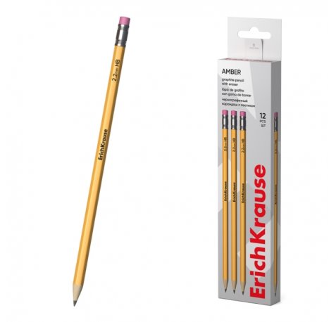 ErichKrause Amber 101 Pack de 12 Lapices de Grafito con Goma de Borrar - Mina HB - Cuerpo Hexagonal - Color Amarillo