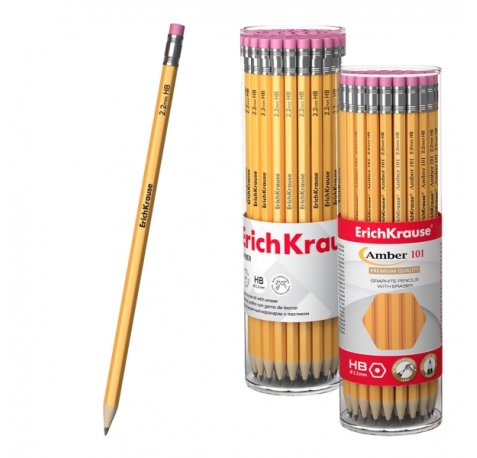 ErichKrause Amber 101 Lapiz de Grafito con Goma de Borrar - Mina HB - Cuerpo Hexagonal - Color Amarillo (42 uds)