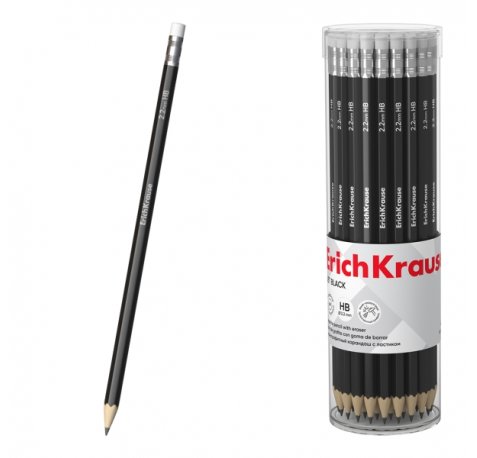 ErichKrause Jet Black 101 Lapiz de Grafito con Goma de Borrar - Mina HB - Cuerpo Hexagonal - Color Negro (42 uds)