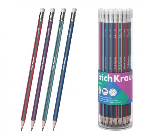 ErichKrause Sonata Lapiz de Grafito con Goma de Borrar - Mina HB - Cuerpo Triangular - Facil Afilado - Agarre Ergonomico - Colores Surtidos (42 uds)
