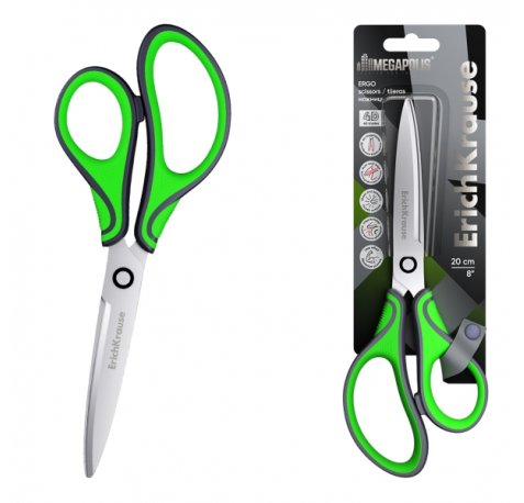 ErichKrause Megapolis Ergo Tijeras de 20cm - Mangos de Plastico y Goma Antideslizante - Acero Inoxidable - Ergonomicas - Color Verde