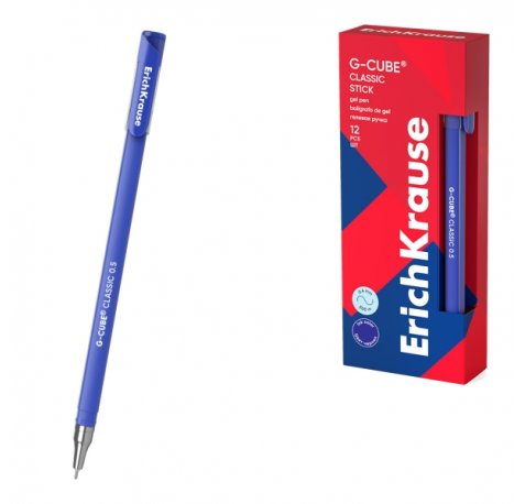 ErichKrause G-Cube Stick Classic Boligrafo con Capuchon - Punta de 0.5mm - Trazo 0.4mm - Tinta de Gel - Resistente al Agua - Secado Rapido - Color Azul (12 uds)