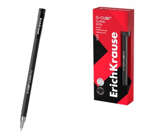 ErichKrause G-Cube Stick Classic Boligrafo con Capuchon - Punta de 0.5mm - Trazo 0.4mm - Tinta de Gel - Resistente al Agua - Secado Rapido - Color Negro (12 uds)
