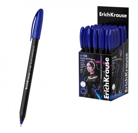 ErichKrause U-108 Stick Black Edition Boligrafo con Capuchon - Punta de 1.0mm - Cuerpo Opaco Negro - Trazo 0.3mm - Tinta de Baja Viscosidad - Tapa Ventilada - Color Azul (50 uds)