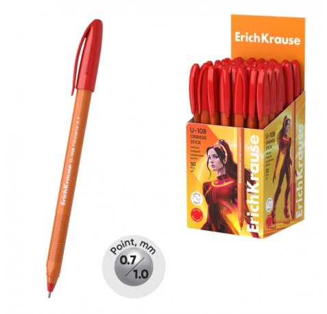 ErichKrause U-108 Stick Orange Boligrafo con Capuchon - Punta de 0.7mm - Cuerpo Opaco Naranja - Trazo 0.26mm - Tinta de Baja Viscosidad - Tapa Ventilada - Color Rojo (50 uds)