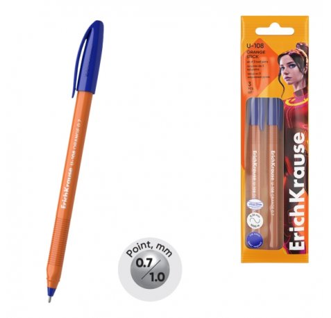 ErichKrause U-108 Stick Orange Pack de 3 Boligrafos con Capuchon - Punta de 0.7mm - Cuerpo Opaco Naranja - Trazo 0.26mm - Tinta de Baja Viscosidad - Tapa Ventilada - Color Azul