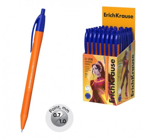ErichKrause U-208 Matic Orange Boligrafo Retractil - Punta de 0.7mm - Cuerpo Opaco Naranja - Trazo 0.26mm - Color Azul (50 uds)