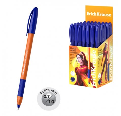ErichKrause U-109 Stick and Grip Orange Boligrafo con Capuchon - Punta de 0.7mm - Cuerpo Opaco Naranja - Trazo 0.26mm - Zona de Agarre de Goma - Tinta de Baja Viscosidad - Tapa Ventilada - Color Azul (50 uds)