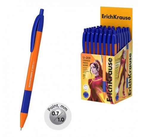 ErichKrause U-209 Matic and Grip Orange Boligrafo Retractil - Punta de 0.7mm - Cuerpo Opaco Naranja - Trazo 0.26mm - Zona de Agarre de Goma - Color Azul (50 uds)