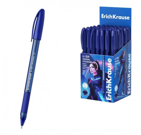 ErichKrause U-109 Stick and Grip Original Boligrafo con Capuchon - Punta de 1.0mm - Cuerpo Transparente - Trazo 0.3mm - Zona de Agarre de Goma - Tinta de Baja Viscosidad - Tapa Ventilada - Color Azul (50 uds)