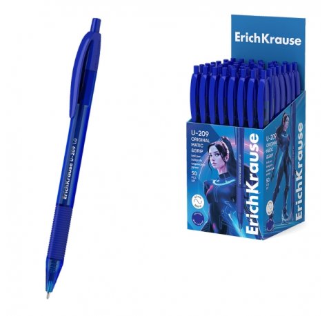 ErichKrause U-209 Matic and Grip Original Boligrafo Retractil - Punta de 1.0mm - Trazo 0.3mm - Zona de Agarre de Goma - Color Azul (50 uds)