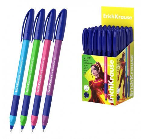 ErichKrause U-109 Stick and Grip Neon Boligrafo con Capuchon - Modelos Surtidos - Trazo 0.3mm - Zona de Agarre de Goma - Tinta de Baja Viscosidad - Tapa Ventilada - Color Azul (50 uds)