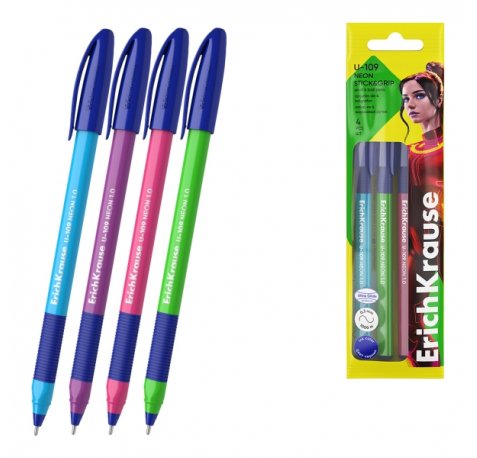 ErichKrause U-109 Stick and Grip Neon Pack de 4 Boligrafos con Capuchon - Modelos Surtidos - Trazo 0.3mm - Zona de Agarre de Goma - Tinta de Baja Viscosidad - Tapa Ventilada - Color Azul
