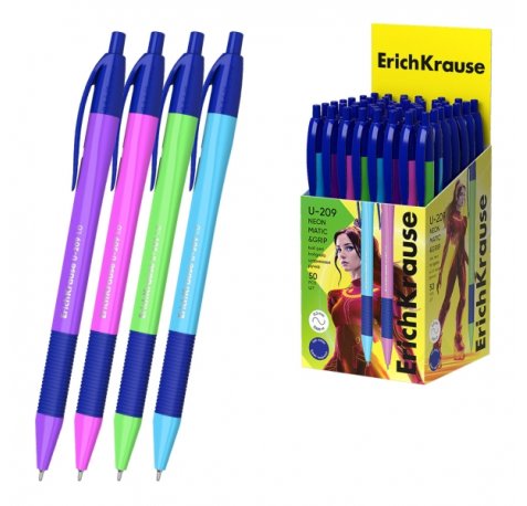 ErichKrause U-209 Matic and Grip Neon Boligrafo Retractil - Modelos Surtidos - Trazo 0.3mm - Zona de Agarre de Goma - Color Azul (50 uds)