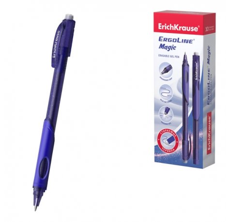 ErichKrause ErgoLine Magic Stick and Grip Boligrafo Borrable - Punta de 0.5mm - Trazo 0.4mm - Tinta de Gel - Resistente al Agua - Zona de Agarre de Goma - Color Azul (10 uds)