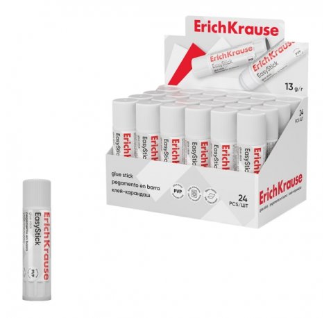ErichKrause EasyStick Expositor con 24 Pegamentos en Barra - 13g - No Toxico - Secado Rapido - sin Disolventes - Multisuperficie - Color Blanco