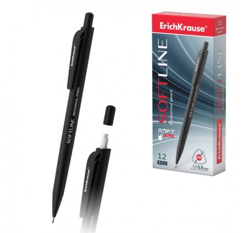 ErichKrause SoftLine Portaminas - Mina HB de 0.9mm - Goma de Borrar Integrada - Cuerpo Triangular con Recubrimiento Suave - Ergonomico - Color Negro (12 uds)
