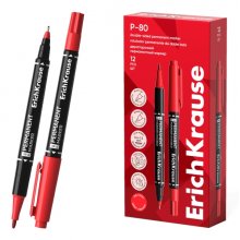 ErichKrause Double P-80 Rotulador Permanente Doble - Punta de Bala de 1.65mm - Punta de Aguja de 0.45mm - Resistente al Agua y a la Luz - Multisuperficie - Cuerpo Redondo - Color Rojo (12 uds)