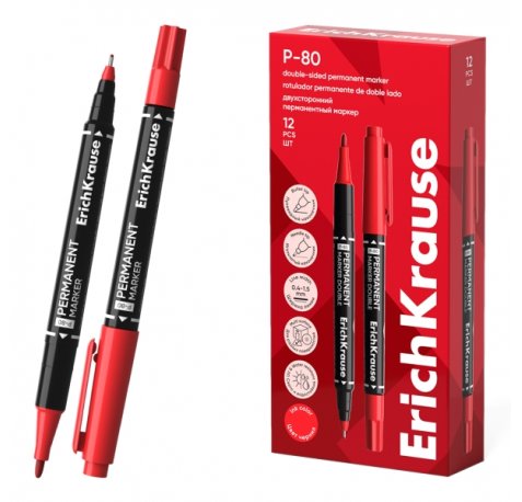ErichKrause Double P-80 Rotulador Permanente Doble - Punta de Bala de 1.65mm - Punta de Aguja de 0.45mm - Resistente al Agua y a la Luz - Multisuperficie - Cuerpo Redondo - Color Rojo (12 uds)