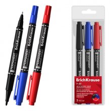 ErichKrause Double P-80 Pack de 3 Rotuladores Permanentes - Punta de Bala de 1.65mm - Punta de Aguja de 0.45mm - Resistente al Agua y a la Luz - Multisuperficie - Cuerpo Redondo - Colores Surtidos