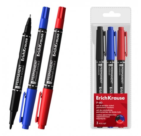 ErichKrause Double P-80 Pack de 3 Rotuladores Permanentes - Punta de Bala de 1.65mm - Punta de Aguja de 0.45mm - Resistente al Agua y a la Luz - Multisuperficie - Cuerpo Redondo - Colores Surtidos
