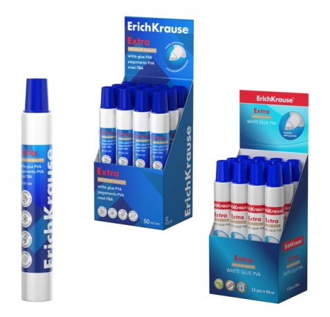 ErichKrause Extra Expositor con 12 Botellas de Cola Blanca PVA - 50ml - No Toxico - sin Disolventes - Multisuperficie - Color Blanco