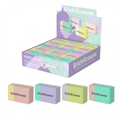 ErichKrause Nano Soft Expositor con 30 Gomas de Borrar - PVC Ecologico - Hipoalergenico - No Deja Residuos - Borrado Suave - Colores Surtidos