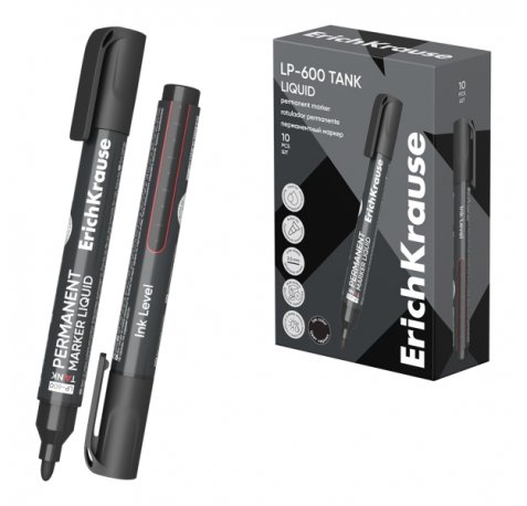 ErichKrause Liquid LP-600 Rotulador Permanente - Ventana Transparente - Punta Conica - Trazo de 2.5mm - Resistente al Agua y a la Luz - Multisuperficie - Tinta a Base de Alcohol - Color Negro (10 uds)