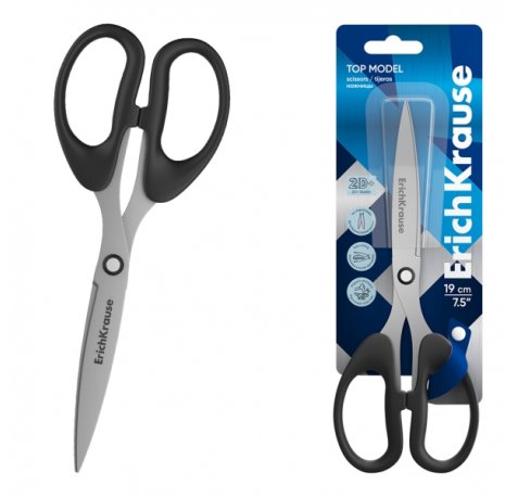 ErichKrause Top Model Tijeras de 19cm - Cuchillas en Forma de Arco - Mangos de Plastico Resistente a Golpes - Afilado Doble - Acero Inoxidable - Ergonomicas - Color Negro