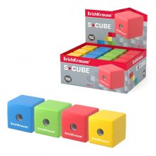 ErichKrause S-Cube Neon Expositor con 24 Sacapuntas con Contenedor - Plastico - Cuchilla Niquelada de Acero al Carbono - Orificio de 8mm - Colores Surtidos