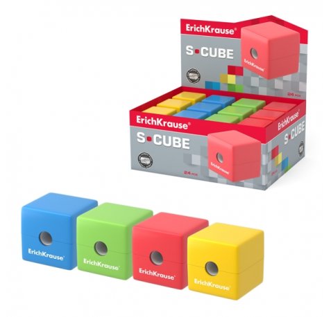 ErichKrause S-Cube Neon Expositor con 24 Sacapuntas con Contenedor - Plastico - Cuchilla Niquelada de Acero al Carbono - Orificio de 8mm - Colores Surtidos