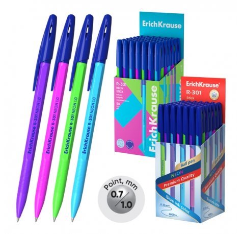 ErichKrause R-301 Stick Neon Boligrafo con Capuchon - Modelos Surtidos - Trazo 0.5mm - Tinta de Secado Rapido - Tapa Ventilada - Color Azul (50 uds)