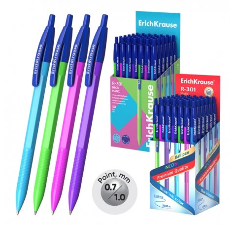 ErichKrause R-301 Matic Neon Boligrafo Retractil - Modelos Surtidos - Trazo 0.35mm - Color Azul (50 uds)