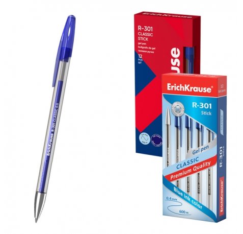 ErichKrause R-301 Gel Stick Classic Pack de 12 Boligrafos con Capuchon - Punta de 0.5mm - Trazo 0.4mm - Tinta de Gel - Resistente al Agua - Secado Rapido - Color Azul