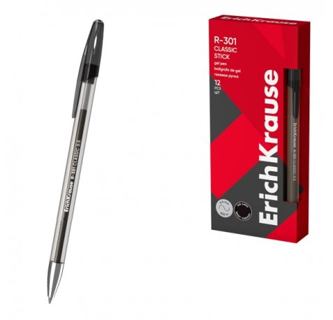 ErichKrause R-301 Gel Stick Classic Pack de 12 Boligrafos con Capuchon - Punta de 0.5mm - Trazo 0.4mm - Tinta de Gel - Resistente al Agua - Secado Rapido - Color Negro