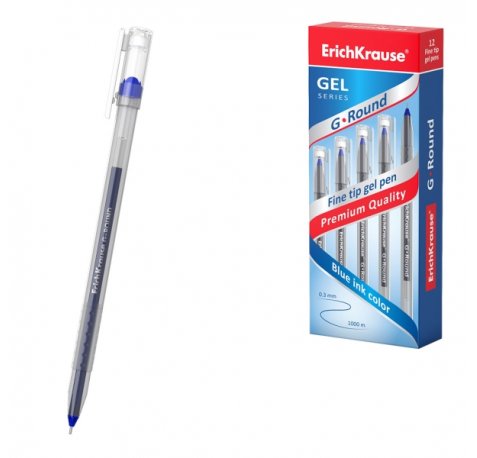 ErichKrause G-Round Stick Classic Boligrafo con Capuchon - Punta de 0.5mm - Trazo 0.3mm - Tinta de Gel - Resistente al Agua - Secado Rapido - Color Azul (12 uds)