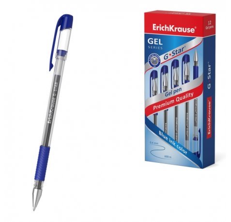 ErichKrause G-Star Stick and Grip Classic Boligrafo con Capuchon - Punta de 0.5mm - Trazo 0.3mm - Tinta de Gel - Resistente al Agua - Zona de Agarre de Goma - Secado Rapido - Color Azul (12 uds)