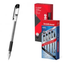 ErichKrause G-Star Stick and Grip Classic Boligrafo con Capuchon - Punta de 0.5mm - Trazo 0.3mm - Tinta de Gel - Resistente al Agua - Zona de Agarre de Goma - Secado Rapido - Color Negro (12 uds)