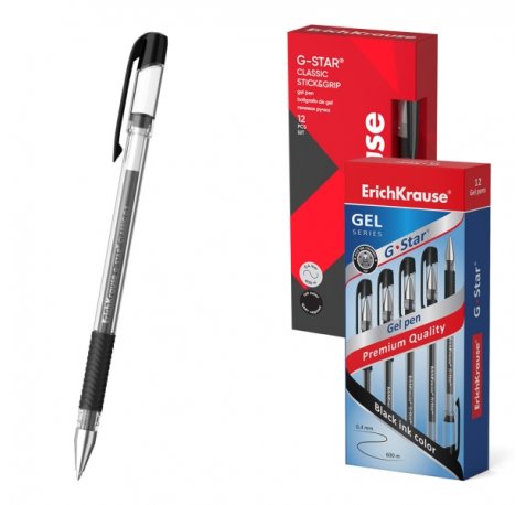 ErichKrause G-Star Stick and Grip Classic Boligrafo con Capuchon - Punta de 0.5mm - Trazo 0.3mm - Tinta de Gel - Resistente al Agua - Zona de Agarre de Goma - Secado Rapido - Color Negro (12 uds)
