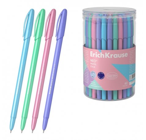 ErichKrause Neo Stick Pastel Boligrafo con Capuchon - Modelos Surtidos - Trazo 0.26mm - Tinta de Baja Viscosidad - Color Azul (60 uds)