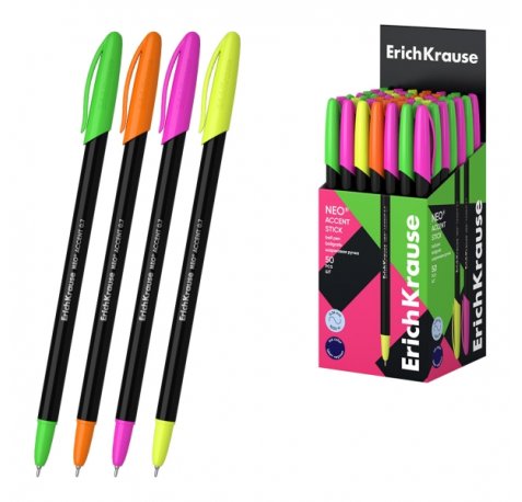 ErichKrause Neo Stick Accent Boligrafo con Capuchon - Modelos Surtidos - Trazo 0.26mm - Tinta de Baja Viscosidad - Color Azul (50 uds)