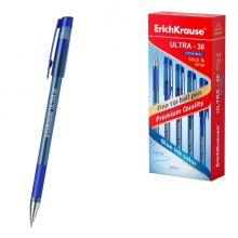 ErichKrause ULTRA-30 Stick and Grip Original Boligrafo con Capuchon - Punta de Aguja 0.7mm - Cuerpo Transparente - Trazo 0.26mm - Zona de Agarre de Goma - Tinta de Baja Viscosidad - Color Azul (12 uds)