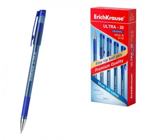 ErichKrause ULTRA-30 Stick and Grip Original Boligrafo con Capuchon - Punta de Aguja 0.7mm - Cuerpo Transparente - Trazo 0.26mm - Zona de Agarre de Goma - Tinta de Baja Viscosidad - Color Azul (12 uds)