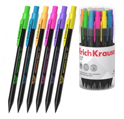 ErichKrause XS Clip Accent Portaminas - Mina HB de 0.7mm - Goma de Borrar Integrada - Cuerpo Hexagonal - Colores Surtidos (42 uds)