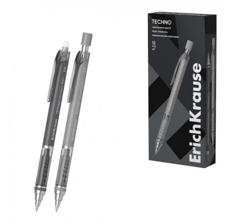 ErichKrause Techno Portaminas - Mina HB de 0.9mm - Goma de Borrar Integrada - Pinza - Cuerpo Redondo - Colores Surtidos (12 uds)