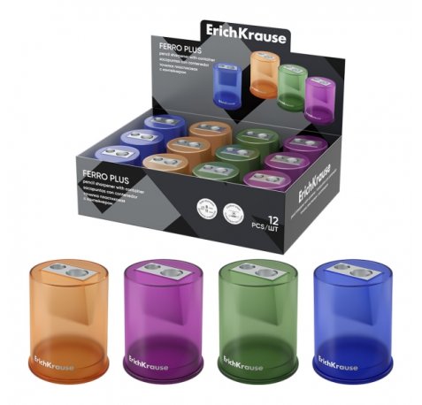 ErichKrause Ferro Container Plus Expositor con 12 Sacapuntas con Contenedor - Metalico - 2 Orificios de 8 y 11mm - Cuchilla Niquelada de Acero al Carbono - Colores Surtidos